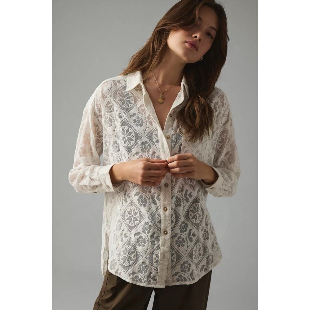 Anthropologie Pilcro Lace Blouse Womens M Off White Button Up Shirt Floral Sheer
